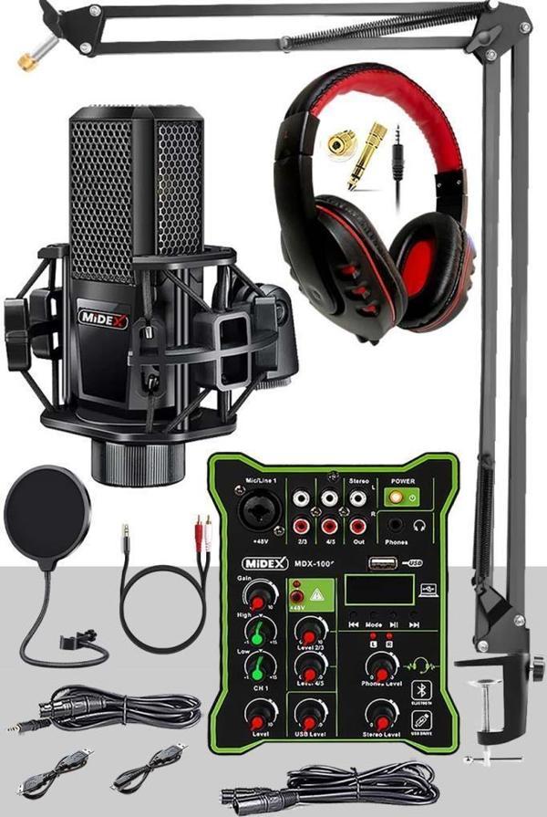 Midex MX-2020 Functional Paket-2 Stüdyo Mikrofon Ses Kartlı Mikser Kulaklık Stand - Image 1