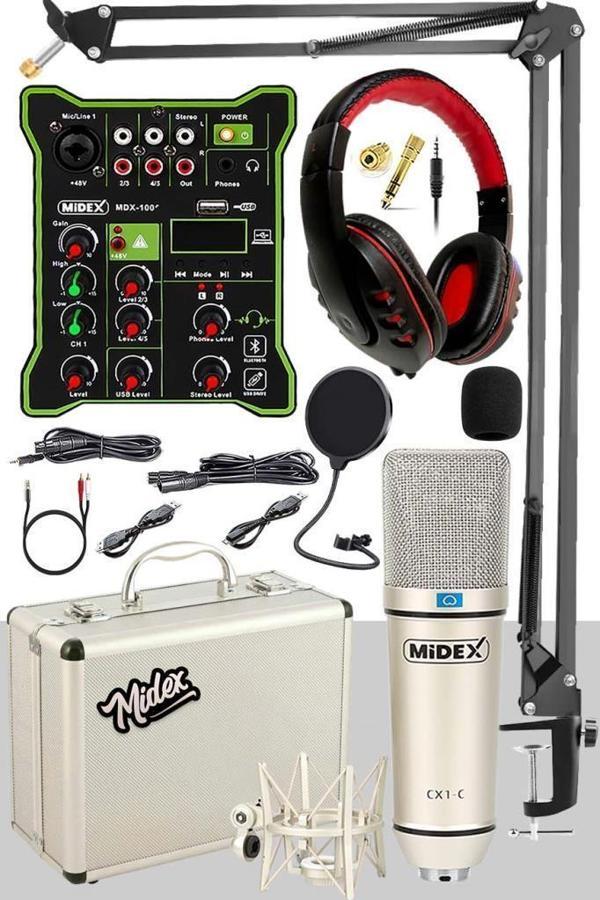 Midex CX1 Functional Paket-4 Stüdyo Mikrofon Ses Kartlı Mikser Kulaklık Stand - Image 1