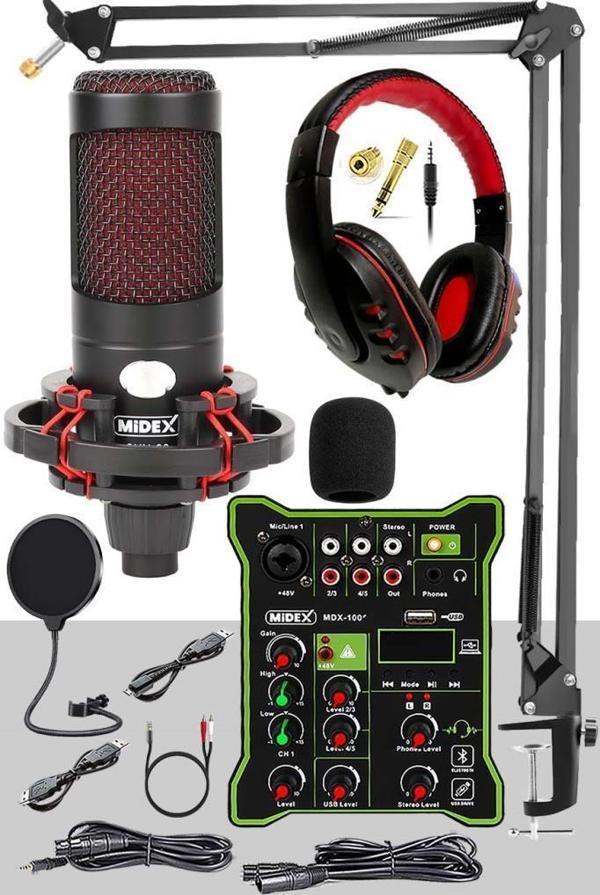 Midex CXN-30 Functional Paket-3 Stüdyo Mikrofon Ses Kartlı Mikser Kulaklık Stand - Image 1