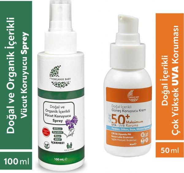 Organik Baby Organik Ve Doğal İçerikli Vücut Koruyucu Bebek Çocuk Ve Yetişkin Sprey 100 ml ve Güneş Kremi 50 ml - Image 1