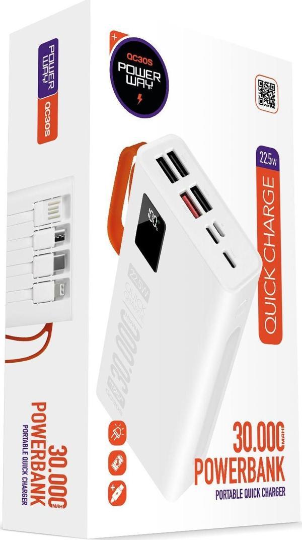 Powerway QC30S 30.000 Mah Pd 22,5W Dahili Kablolu Powerbank - Image 1