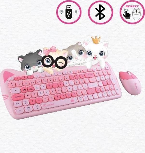Sevimli Kedi Kablosuz Klavye ve Mouse Seti Bluetooth + 2.4G Dual Mode - Image 1
