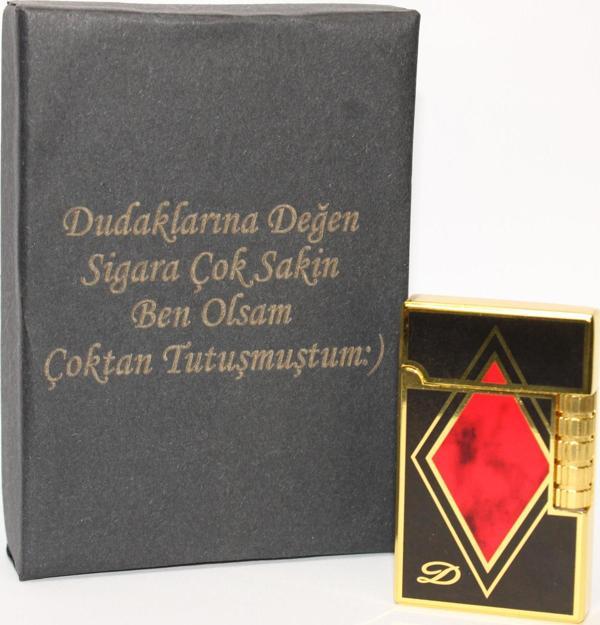 Kişiye Özel Dupont Tarz Çelik Gövde Çakmak (Gold-Siyah-Kırmızı) - Image 1