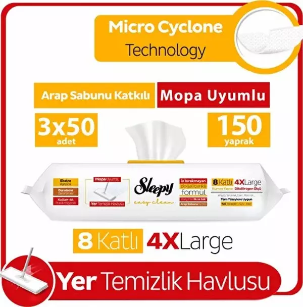 Sleepy Easy Clean Arap Sabunu Katkılı Mopa Uyumlu Yer Temizlik Havlusu 3X50 (150 Yaprak) - Image 1