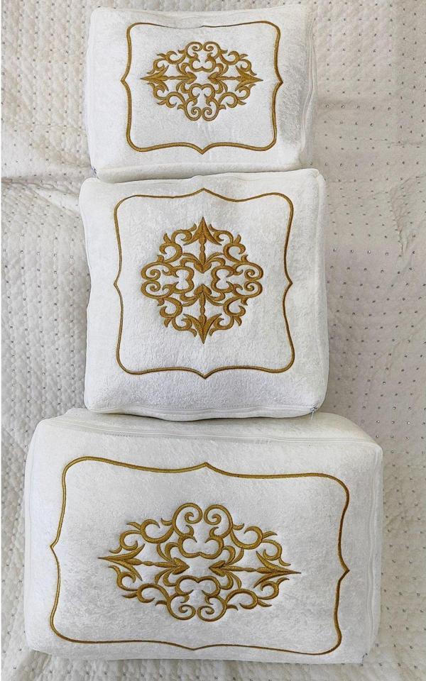 Dilex 3'lü Hurç Set Çeyizlik Nişan Bohça Gelin Bohçası Damat Bohçası Kadife Gold Işlemeli Krem - Image 1