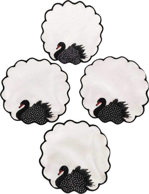 Dilex 4 Adet Keten Kumaş Üzeri Nakışlı Pul işlemeli Kahve Yanı Kokteyl Sunum Peçetesi & Bardak Altlığı - Image 1