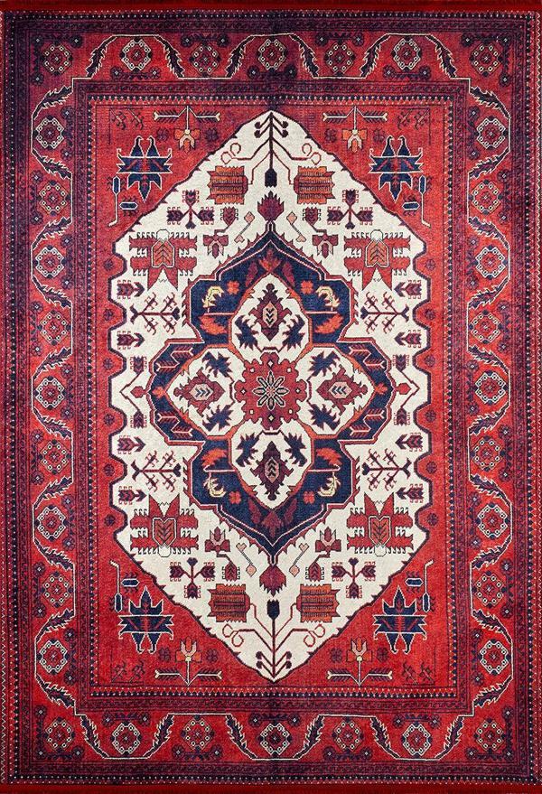Klasik Kırmızı Salon&Yolluk Dijital Baskılı Makinede Yıkanabilir Kaymaz Taban Saçaklı Halı HK117   - Image 1