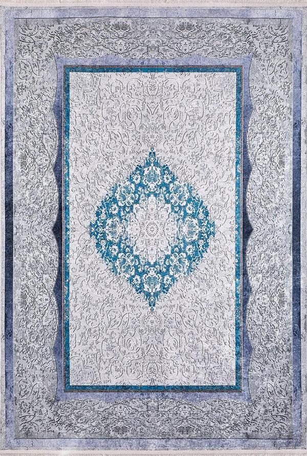 Klasik Gri Salon&Yolluk Dijital Baskılı Makinede Yıkanabilir Kaymaz Taban Saçaklı Halı HK130   - Image 1