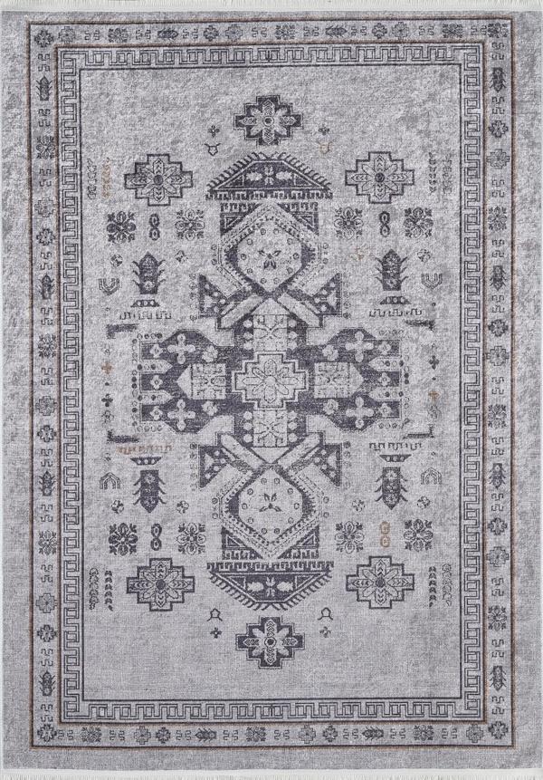 Klasik Gri Salon&Yolluk Dijital Baskılı Makinede Yıkanabilir Kaymaz Taban Saçaklı Halı HK179  - Image 1