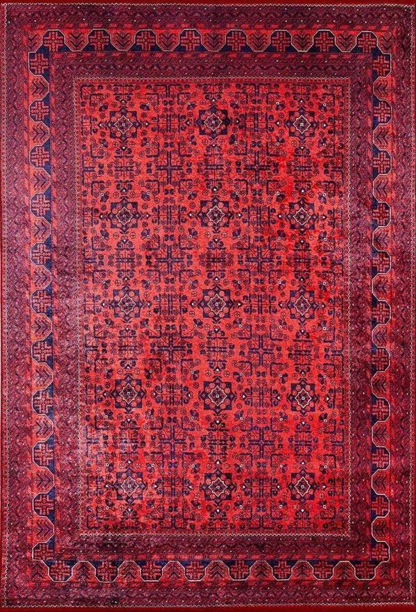 Klasik Kırmızı Salon&Yolluk Dijital Baskılı Makinede Yıkanabilir Kaymaz Taban Saçaklı Halı HK086   - Image 1