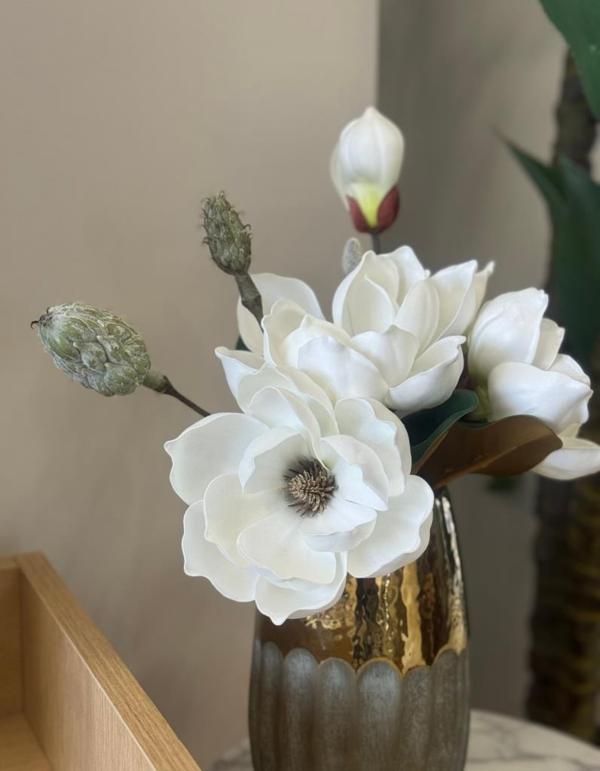 Netten Evime Yapay Çiçek Lüx Manolya Gerçek Dokulu Letex Eva Magnolia Gelin Çiçeği 40 cm BEYAZ - Image 1