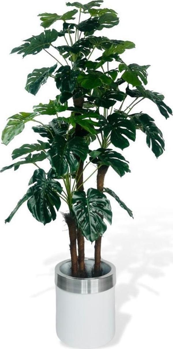 Netten Evime Yapay Çiçek Monstera Yeşil Deve Tabanı 3Katlı 135 cm 54Yaprak Gümüş Kemerli Beyaz Saksıda Yapay Bitki - Image 1