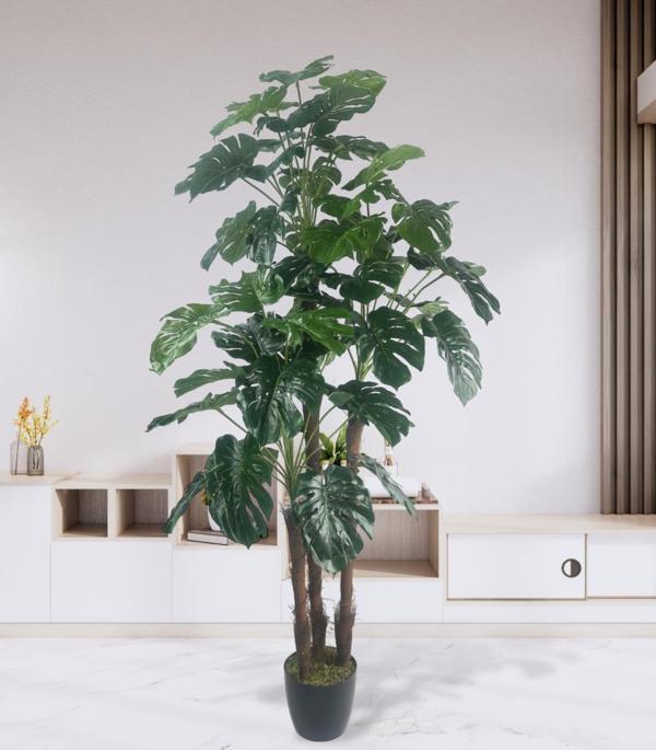 Netten Evime Yapay Çiçek Monstera Yeşil Deve Tabanı 3Katlı 135 cm 54Yaprak Siyah Plastik Saksıda Yapay Bitki - Image 1