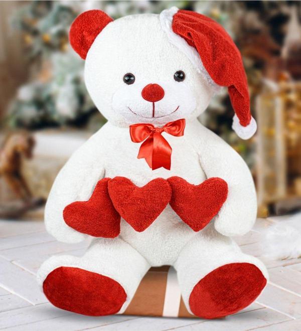 Pandamkee 90 Cm Noel Şapkalı Üç Kalpli Pelüş Ayıcık Yeni Yıl ,Yılbaşı Hediyesi - Image 1
