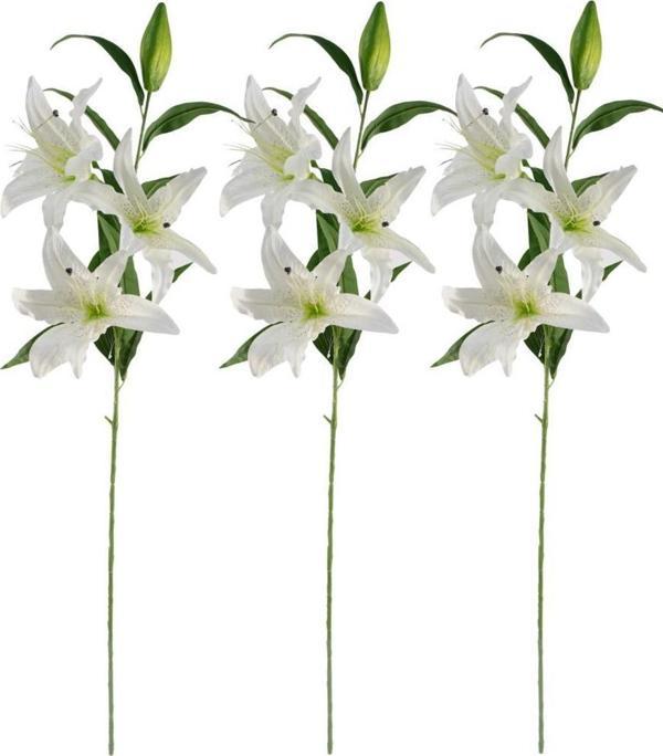 Netten Evime 3lü Set Yapay Çiçek Beyaz Lilyum 3 Kafalı Uzun Dal Çiçek Zambak Lily Flowers 80cm - Image 1
