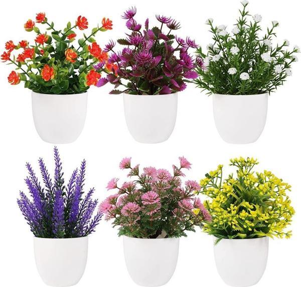 Netten Evime 6lı Set Yapay Çiçek Beyaz Saksıda 6 Çeşit Renkli Çiçekler - Image 1