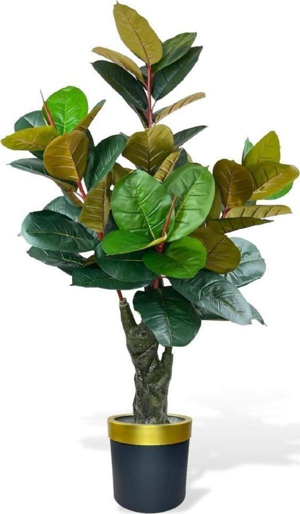 Netten Evime Yapay Ağaç Kauçuk Ağacı Metal Gold Kemerli Saksıda Ficus Elastica Salon Çiçeği 150*90 61 Yaprak - Image 1