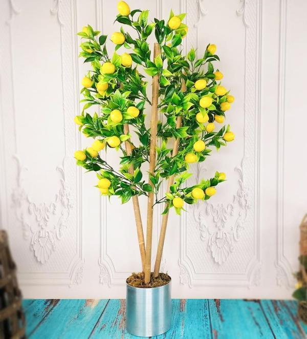 Netten Evime Yapay Ağaç Limon Ağacı Gür Yapraklı 80cm Bambu Dalında Gümüş Paslanmaz Aleminyum Saksılı  - Image 1