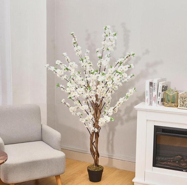 Netten Evime Yapay Ağaç Lüx Bahardalı Ağacı Beyaz Japon Kiraz Çiçeği Sakura Çiçeği 150x70cm Siyah Plastik Saksılı - Image 1