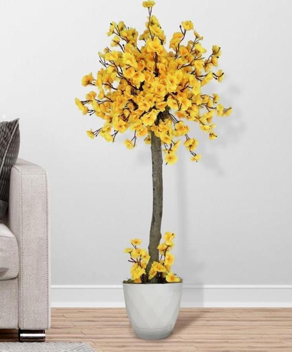 Netten Evime Yapay Ağaç Sarı Bahar Dalı Japon Kiraz Çiçeği Beyaz Saksılı 90cm - Image 1