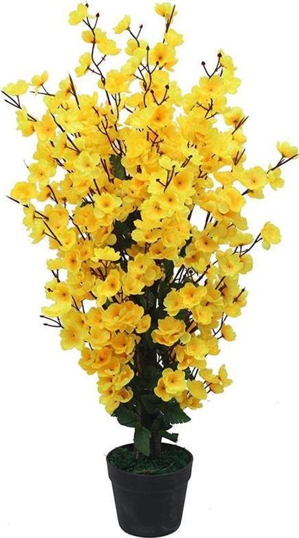 Netten Evime Yapay Ağaç Sarı Bahardalı Ağacı Japon Kiraz Çiçeği Sakura Çiçeği 80x35cm Siyah Plastik Saksılı - Image 1