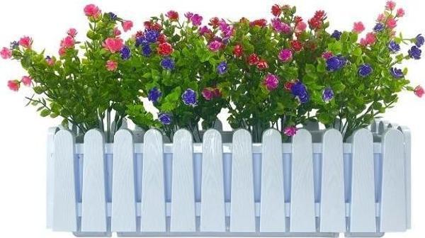 Netten Evime Yapay Çiçek Beyaz Çit Balkon Saksısı Renkli Mineli Şimşir Çiçekli 55*35cm - Image 1