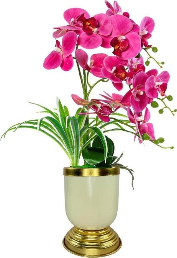 Netten Evime Yapay Çiçek 3lü Fuşya Orkide Metal Krem Gold Saksıda Orkide 60cm - Image 1