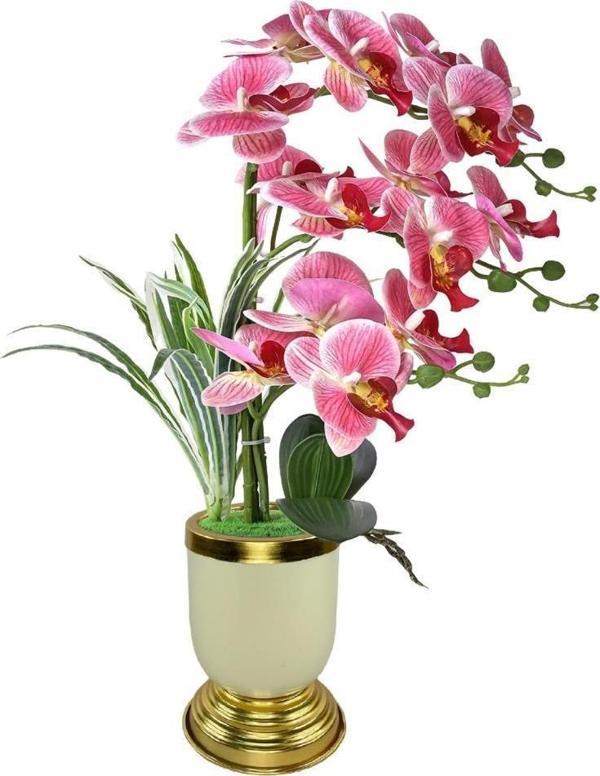 Netten Evime Yapay Çiçek 3lü Pembe Orkide Metal Krem Gold Saksıda Orkide 60cm - Image 1