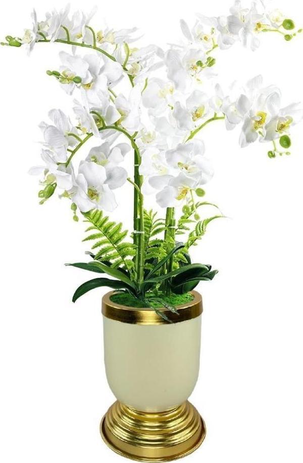 Netten Evime Yapay Çiçek 6lı Beyaz Orkide Metal Krem Gold Saksıda Orkide 60cm - Image 1