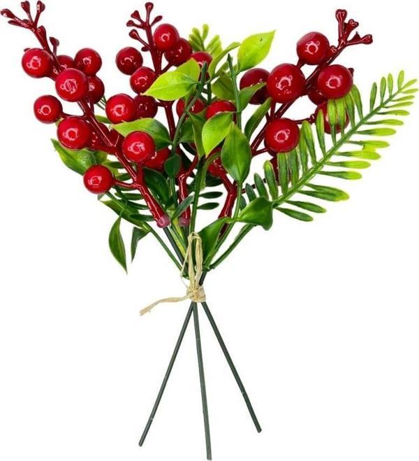 Netten Evime Yapay Çiçek Kokina 3 Dal lı Demet 20*15cm Yılbaşı Çiçeği Red Berry  - Image 1