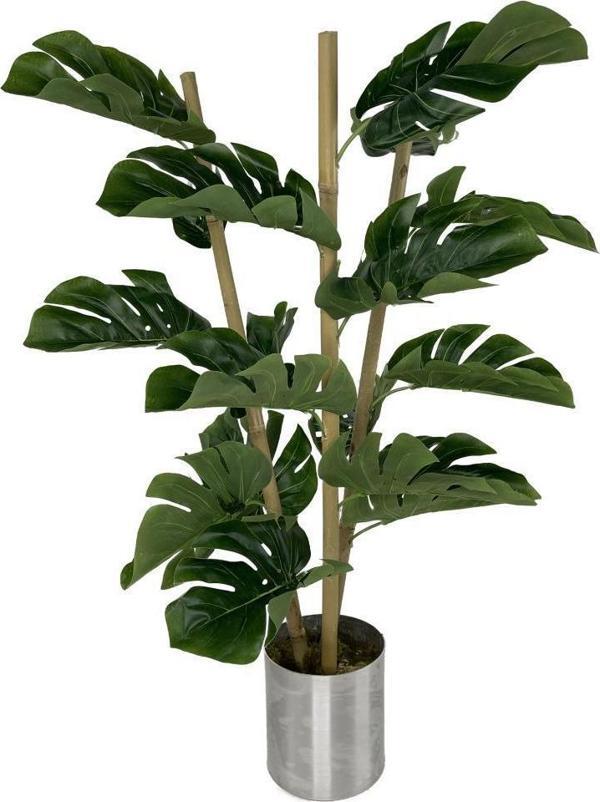 Netten Evime Yapay Çiçek Monstera Bambu Saplı Deve Tabanı Gümüş Saksılı Salon Çiçeği 18 Yaprak 80 cm - Image 1