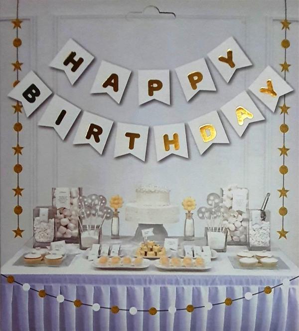 Happy Birthday Yazılı Doğum Günü Süsü Beyaz-Altın Flama Happy Birthday Yazılı Flama - Image 1