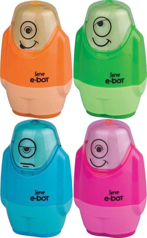 Serve E-Bot Silgi ve Çift Hazneli Kalemtıraş 3 ü 1 Arada FOSFORLU RENKLER - Image 1