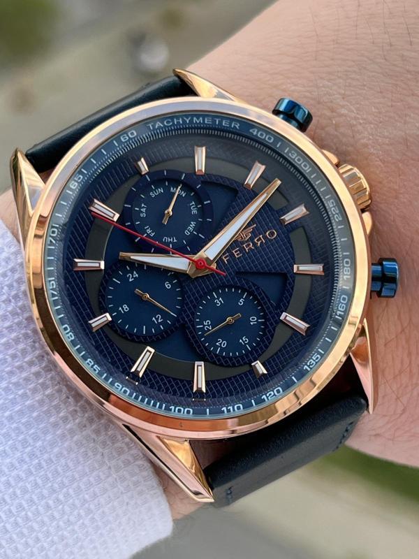Ferro Takvimli+İç Fonksiyonları Aktif Lacivert-Rose Renk Deri Kordon 3 Atm Erkek Kol Saat EFM1803-B - Image 1