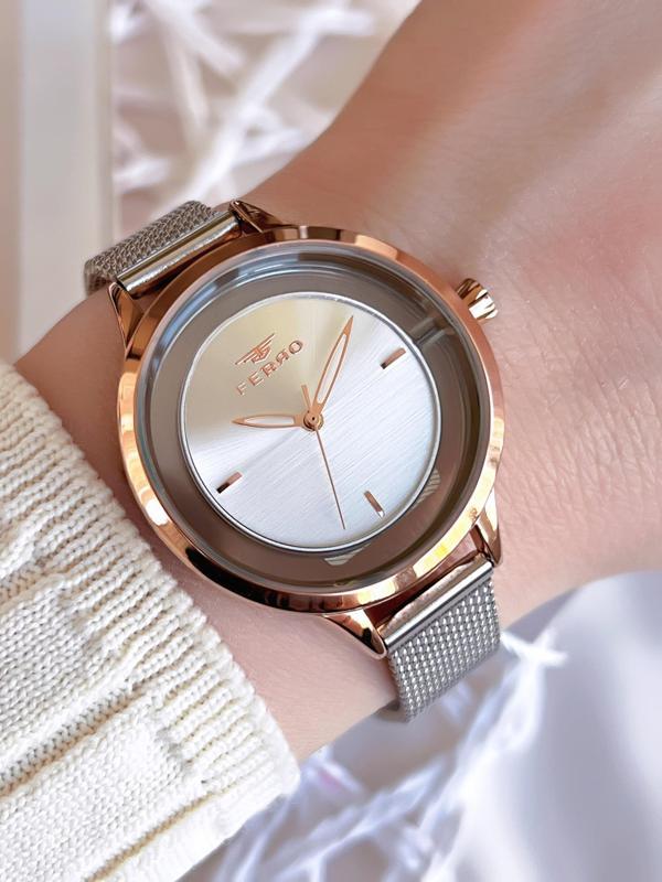 Ferro Hasır Kordonlu Gümüş/Rose Kararmaz Renk Atmaz 3 Atm  Özel Tasarım Kadın Kol Saati BFL2123CWT-E - Image 1