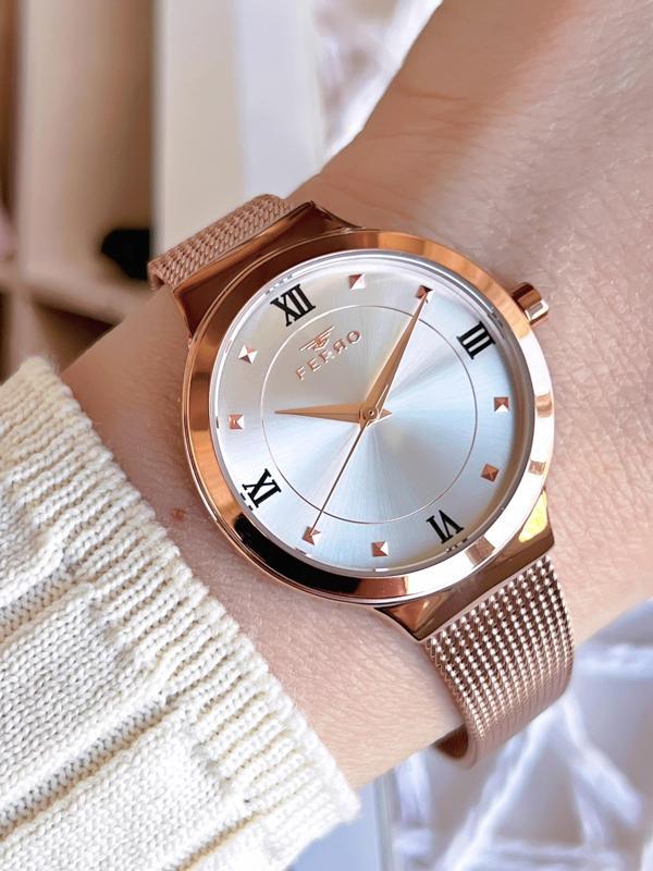 Ferro Hasır Kordonlu Rose Gold Kararmaz Renk Atmaz 3 Atm  Özel Tasarım Kadın Kol Saat BF21040CWT - Image 1