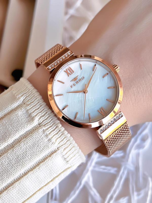 Ferro Hasır Kordonlu Rose Gold Kararmaz Renk Atmaz 3 Atm  Özel Tasarım Kadın Kol Saat BF21209CWT-C - Image 1
