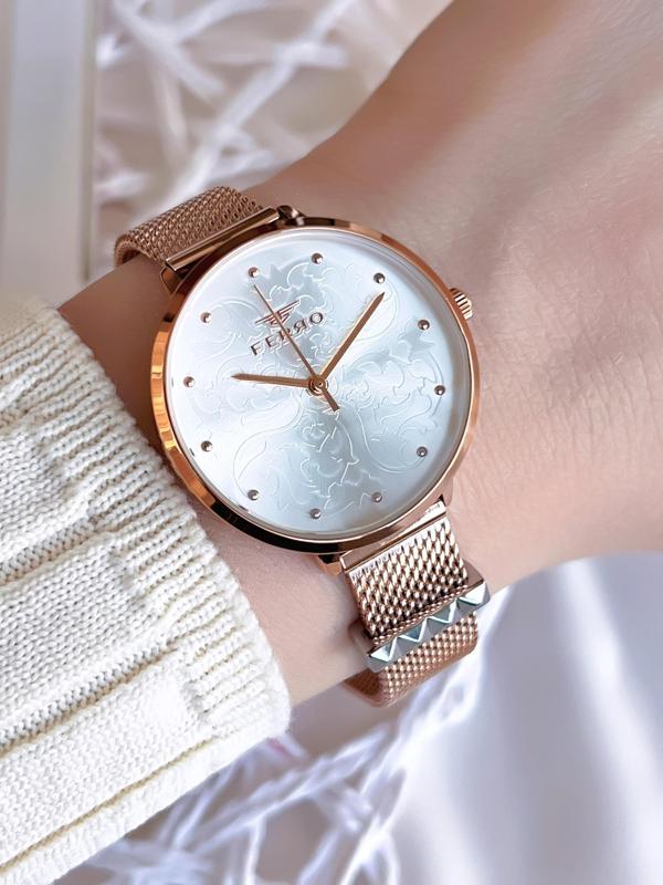 Ferro Hasır Kordonlu Rose Gold Kararmaz Renk Atmaz 3 Atm  Özel Tasarım Kadın Kol Saati BF21087CWT-C - Image 1