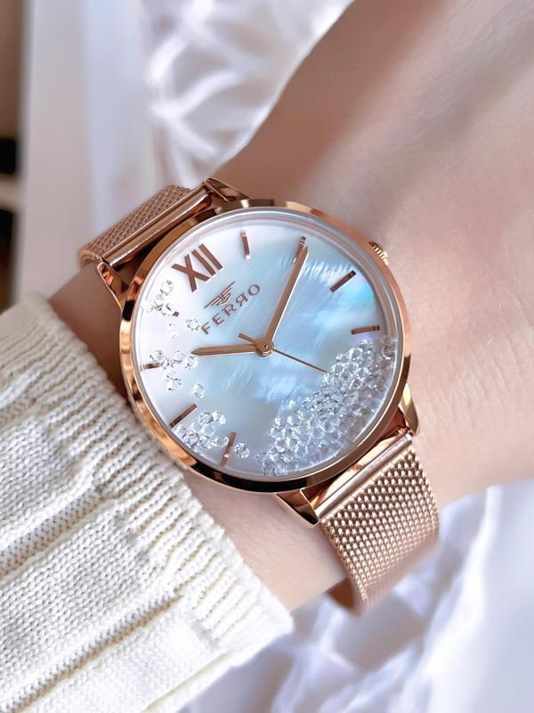 Ferro Hasır Kordonlu Rose Gold Kararmaz Renk Atmaz 3 Atm  Özel Tasarım Kadın Kol Saati BF21934CWT-C - Image 1