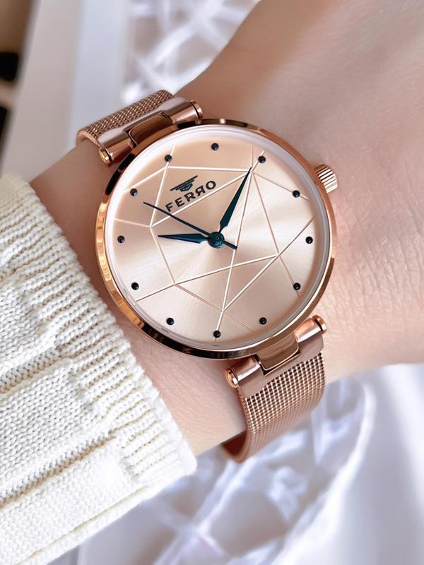 Ferro Hasır Kordonlu Rose Gold Kararmaz Renk Atmaz 3 Atm  Özel Tasarım Kadın Kol Saati BF40-087 - Image 1