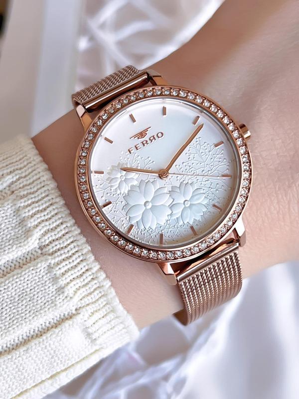 Ferro Hasır Kordonlu Rose Gold Kararmaz Renk Atmaz 3 Atm  Özel Tasarım Kadın Kol Saati BFL21242-C - Image 1