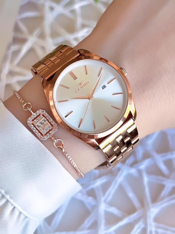 Ferro Takvimli Rose/Gold Renk Kararmaz Renk Atmaz 3 Atm  Özel Tasarım Kadın Kol Saati EFL21231C - Image 1