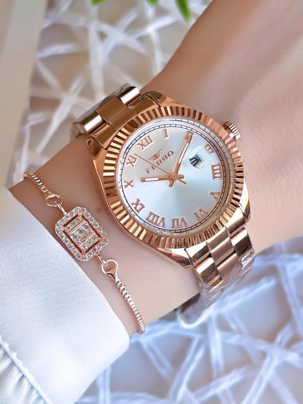 Ferro Takvimli Rose/Gold Renk Kararmaz Renk Atmaz 3 Atm  Özel Tasarım Kadın Kol Saati EFL21295C - Image 1