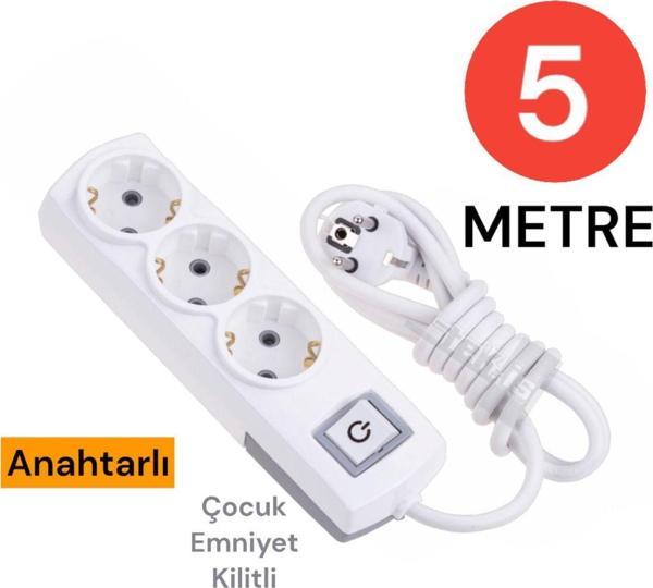 Tek-İş Grup Priz Topraklı 3 Lü 5 Metre Anahtarlı Çocuk Korumalı Çoklu Priz Seyyar Ara Kablo Uzatma Kablosu - Image 1