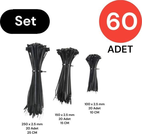 Tek-İş Plastik Kablo Bağı Cırt Kelepçe Set 100-150-250 X 2.5 Mm Siyah (20 X 3) 60 Adet - Image 1