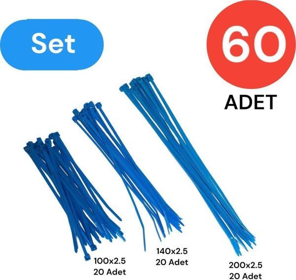 Tek-İş Plastik Kablo Bağı Klipsi Cırt Kelepçe Set 100-150-200 X 2.5 Mm Mavi (20 X 3) 60 Adet - Image 1