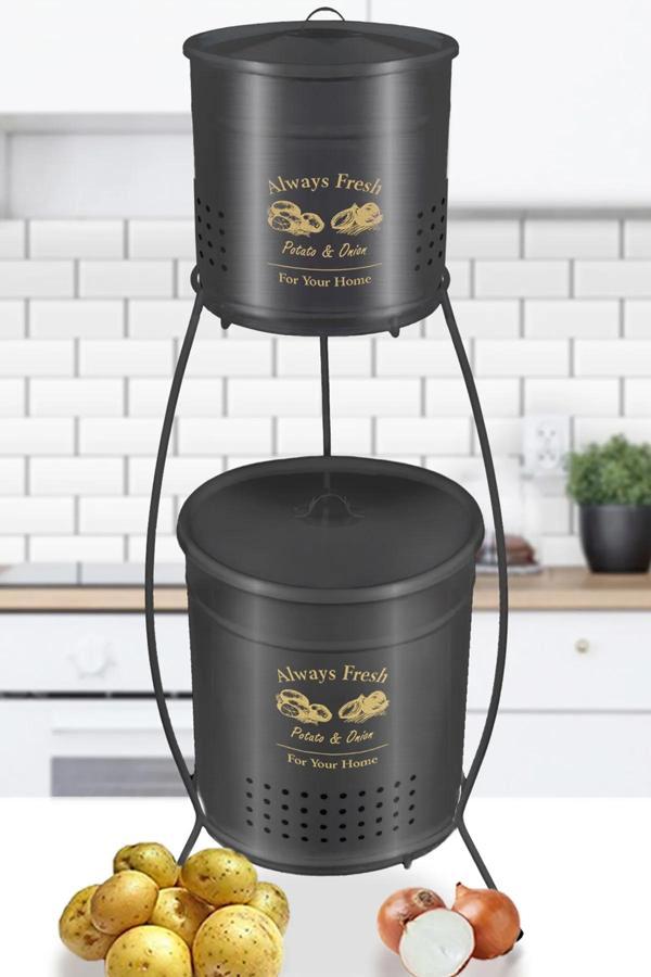 2 Katlı Patates Soğan Sebze Kovası | Çok Amaçlı Pratik 2 Katlı Saklama Kabı Soğan Patateslik Siyah - Image 1