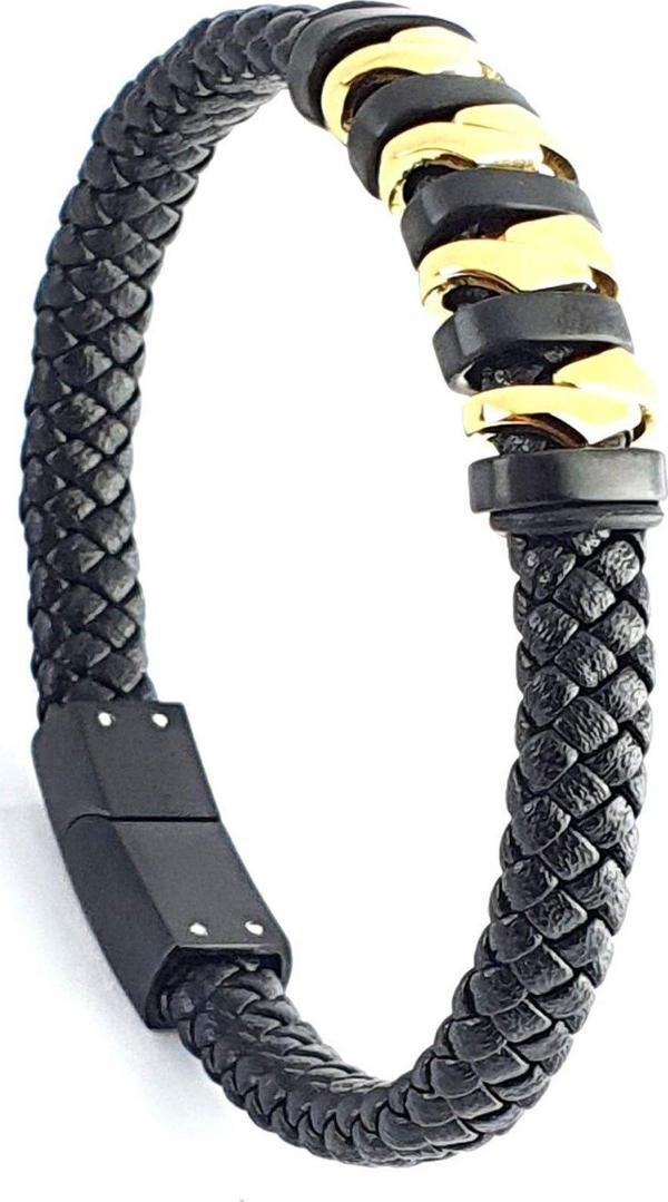 Ose Shop Çelik Detaylı Altın Kaplama Siyah Deri Diş Bileklik - Image 1