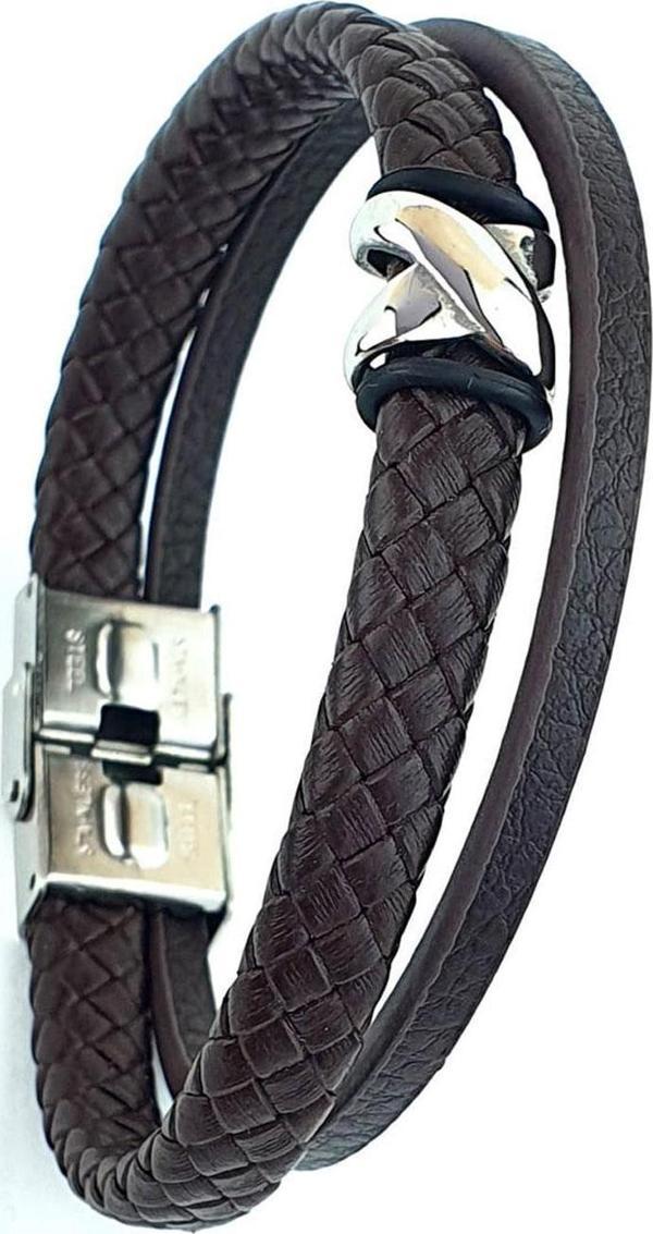Ose Shop Çelik Detaylı Kahve Rengi Deri Erkek Bileklik - Image 1