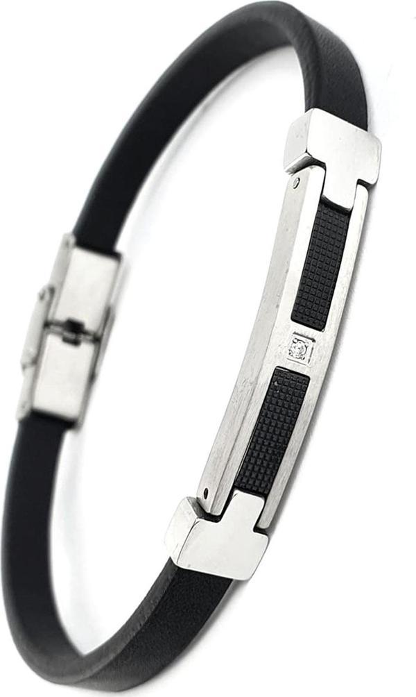 Ose Shop Swarovski Taş Detaylı 316L Çelik Siyah Deri Erkek Bileklik - Image 1